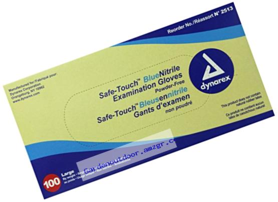 Dynarex 2513 SafeTouch Nitrile Exam Gloves, Non-Latex, Powder Free, Large, Blue (Pack of 100)