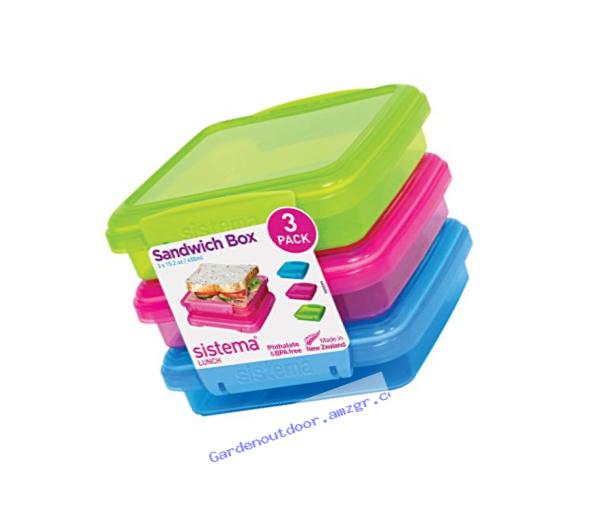 Sistema Lunch Collection Sandwich Box Food Storage Container, 15.2 Ounce/1.9 Cup, Assorted Colors, Set of 3