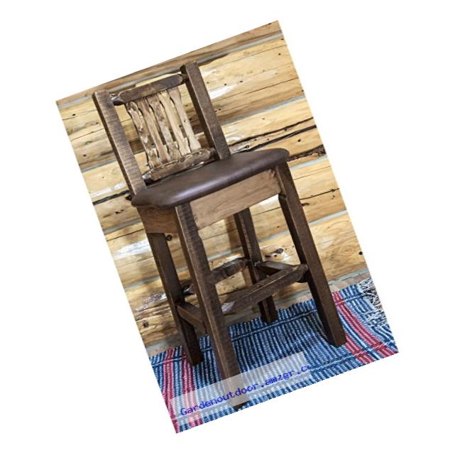 Montana Woodworks Saddle Pattern Barstool with Back Upholstered Seat, Stain and Clear Lacquer Finish