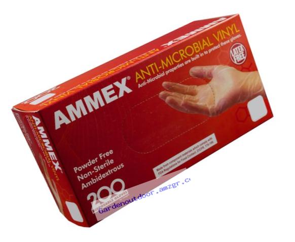 AMMEX - AAMV46100-BX - Vinyl Gloves - Anti-Microbial,Powder Free, Food Safe, Industrial, 3mil, Large, Clear (Box of 200)