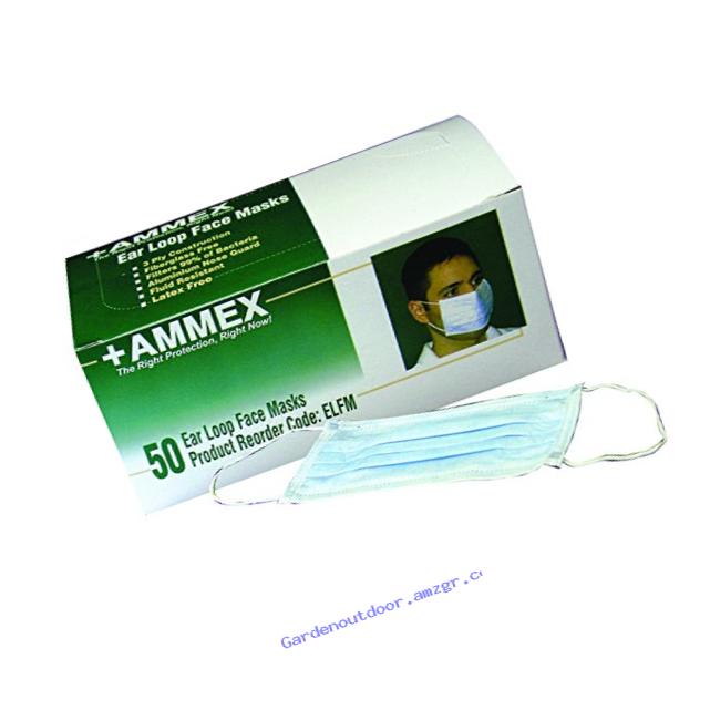 AMMEX - ELFM-BX - 3Ply Conforming Metal Bridge Earloop Style Face Mask, Fiberglass Free, 3.0 Micro Filtration(Box of 50)